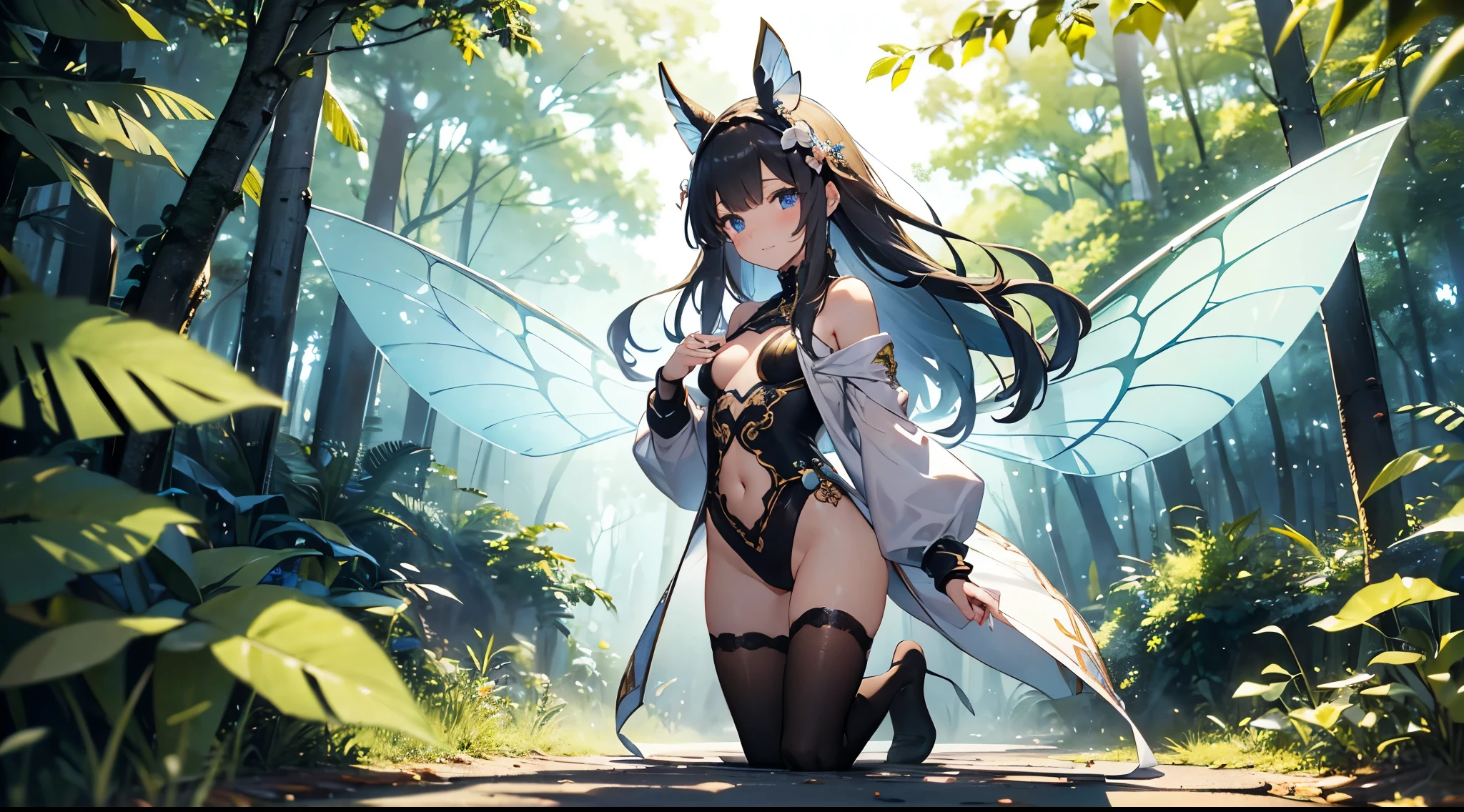 ((4k、8k、top-quality、perfect fingers: 1.3、perfect anatomia: 1.3、Background blur))、1人、((sixteen years old、small tits、Cute eyes、stright long hair、a beautiful slender girl))、 (fairy wings、frilld、long-sleeve、fantasy leotard、Beautiful decorative headband):1.1、((Full-body angle))、in a quiet forest、Shy laughter、