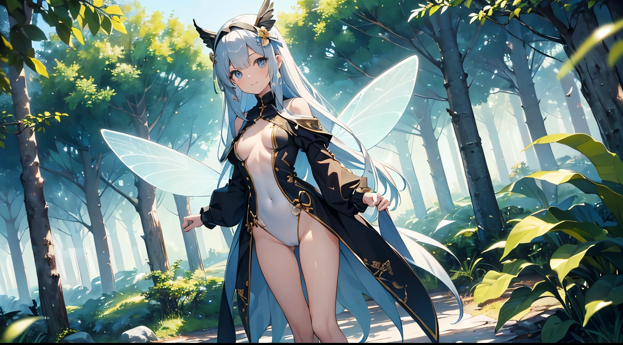 ((4k、8k、top-quality、perfect fingers: 1.3、perfect anatomia: 1.3、Background blur))、1人、((sixteen years old、small tits、Cute eyes、stright long hair、a beautiful slender girl))、 (fairy wings、frilld、long-sleeve、fantasy leotard、Beautiful decorative headband):1.1、((Full-body angle))、in a quiet forest、Shy laughter、