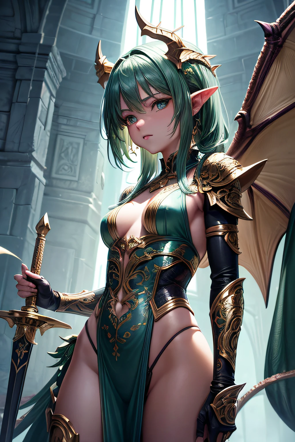 young girl, ancient dragon girl, wings and tail, sexi, small breasts, green scale armor and accesories, wielding sword made of a dragon fang, highly detailed, vibrant appearance, creative behavior, extremly detailed, imaginative, sensual, spontaneous, highest quality, skin texture, intricate details, (cinematic lighting), RAW photo, 8k, masterpiece,best quality,ultra-detailed,very detailed illustrations,extremely detailed,intricate details,highres,super complex details,extremely detailed 8k cg wallpaper,