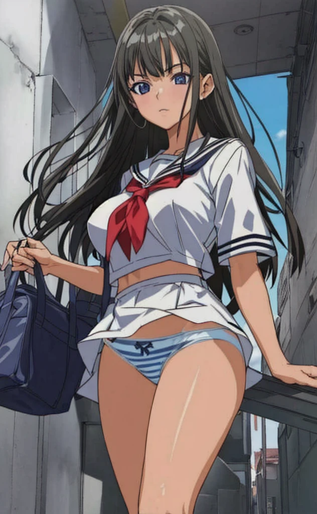 A beautiful woman with long black hair, , and beautiful legs is standing in the school hallway wearing a sailor uniform with a white miniskirt, boldly showing off her light blue and blue striped panties.。
