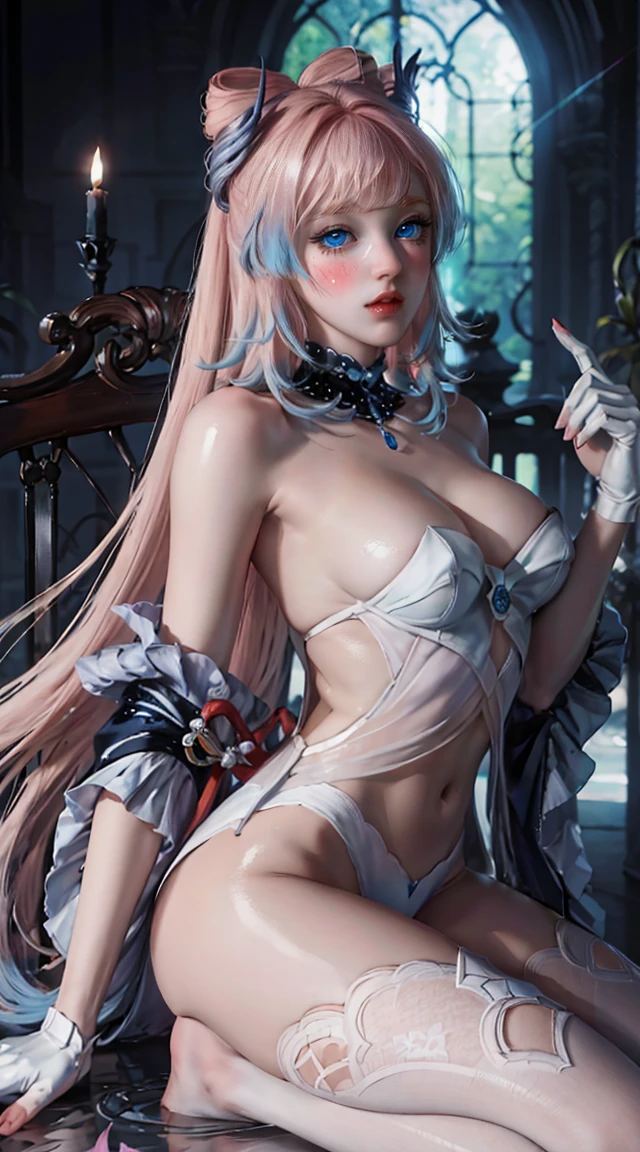 8K, Ultra High Definition, Super detailed, Shiny detailed hair, detailed face, fantasy landscape, solo, looking at viewer, {{best quality}}, {{masterpiece}}, {{ultra-detailed}}, {detailed light}, ultra high quality eyes, detailed eyes, perfect eyes, large eyes, blue eyes, pink hair, long hair, beautiful, skinny body, white skin, slutty, , blushing, standing in suggestive pose