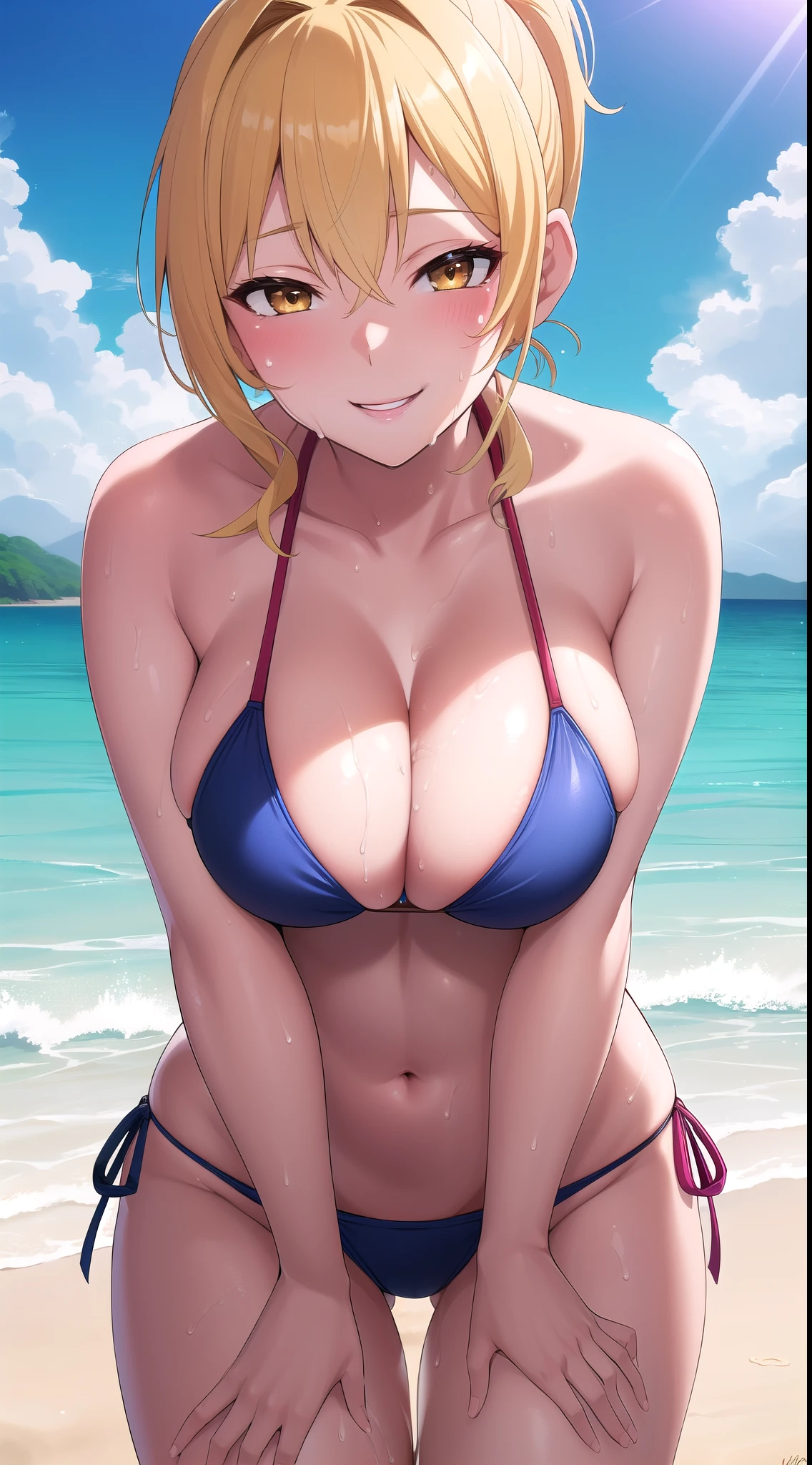 (best quality:1.5, highres, UHD, 4K, detailed lighting, shaders, perfect hand anatomy), blonde ponytail, beautiful, hot, gorgeous, sexy, erotic, lewd, seductive, ecchi, busty, thighs, crotch, bikini, smiling, sweaty, beach background, cheerful, close shot, pov