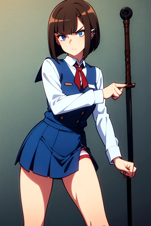 1girl, blue eyes, light brown hair, 16 years old, skinny, bob cut, diagonal bangs, low-tied sidelocks, blue school uniform, red tie, white stripes on the shirt, long blue skirt, long sleeves, bright acid green knee socks, piercing in the ears, bat in hand, angry look