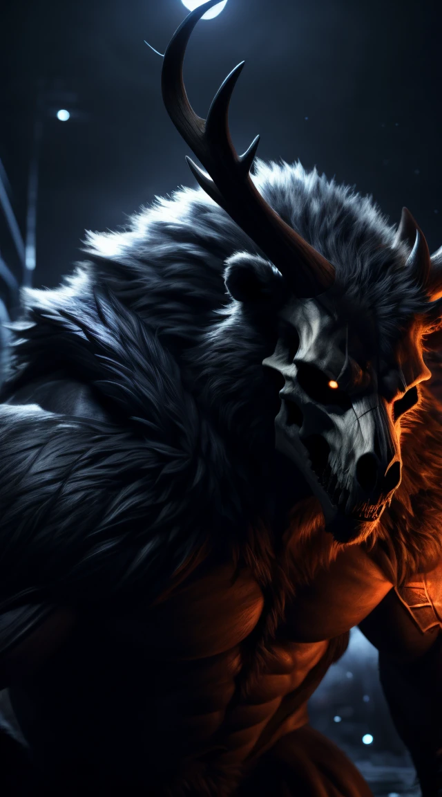 buff monster, muscular, furry body, majestic fur mantle, wendigo skull, elk horns, giant, bear body, threatening, stands menacingly, wide body, illustration, (best quality, 4k, highres, masterpiece:1.2), ultra-detailed, realistic, horror, sharp focus, vivid colors, nighttime lighting,