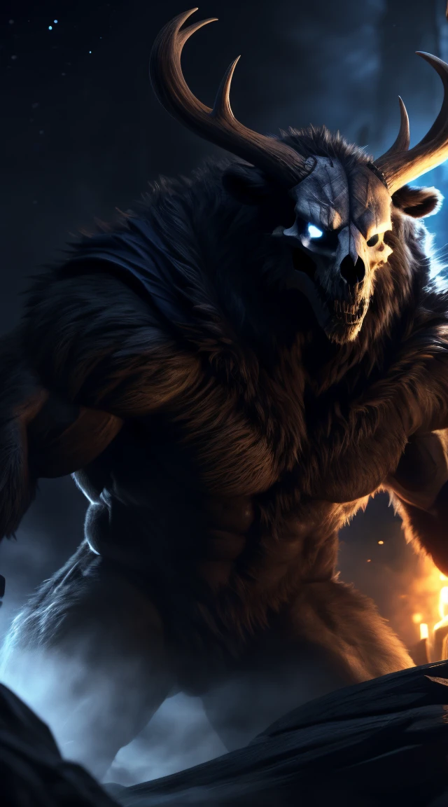 buff monster, muscular, furry body, majestic fur mantle, wendigo skull, elk horns, giant, bear body, threatening, stands menacingly, wide body, illustration, (best quality, 4k, highres, masterpiece:1.2), ultra-detailed, realistic, horror, sharp focus, vivid colors, nighttime lighting,