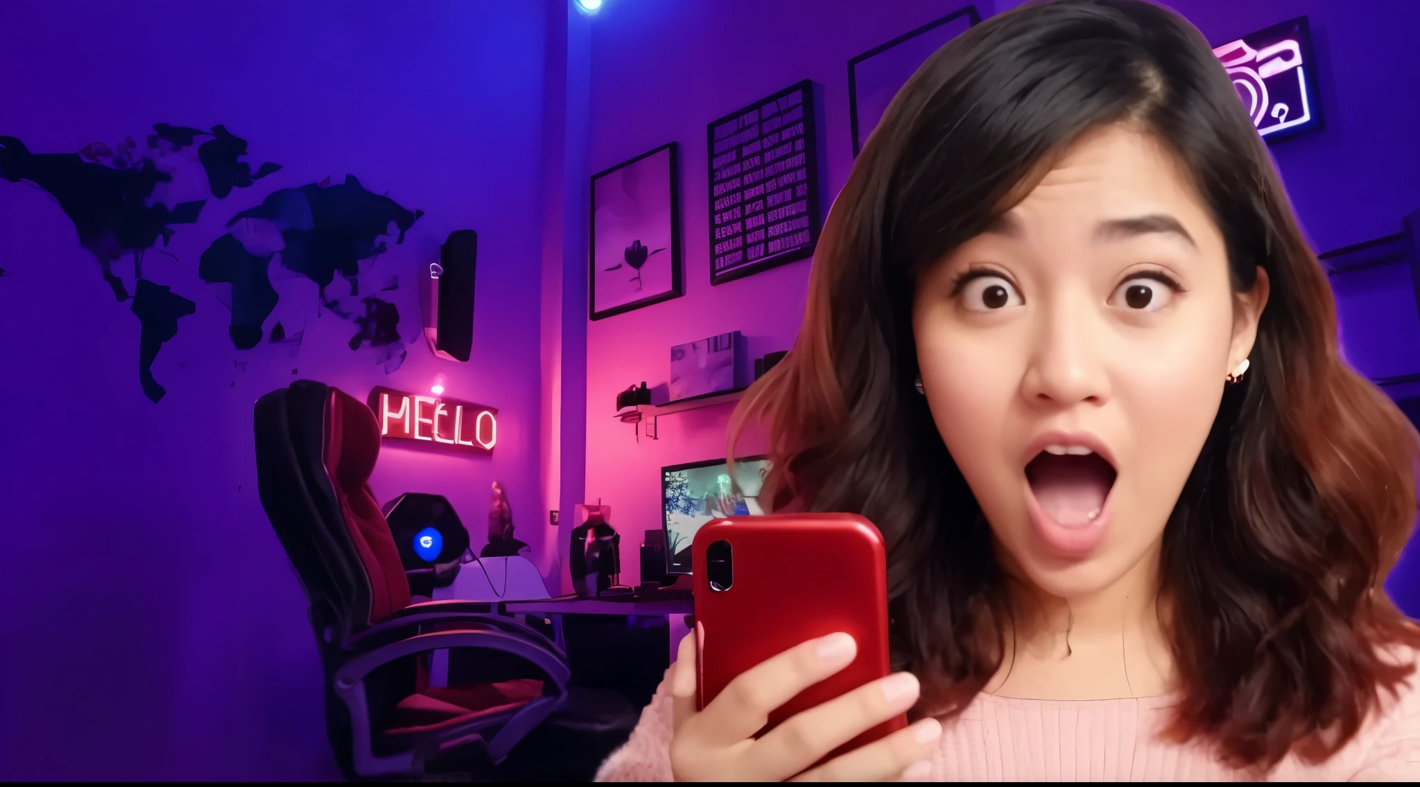 mulher arafa segurando um celular em frente a uma parede roxa, Mobile Game, Streamer do Twitch, garota hacker louco, she is holding a smartphone, Mobile Game style, Pokimane, Mobile Game background,  miniatura, sala de jogos, Trend in CGTacing:, trending at cgstation, foto de retrato, Streamer do Twitch / Jogador Ludwig, arte de fundo