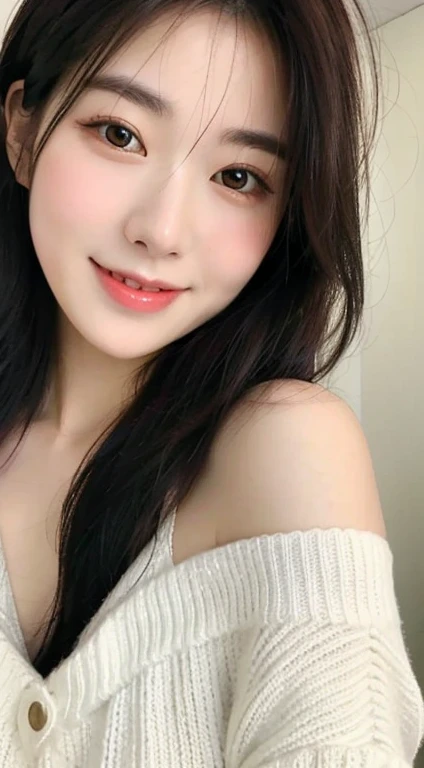 Generate a full body portrait at the Hilton hotel party venue。Wearing a loose off-shoulder knit , gravure idol body shape , G Cup Bust , Beautifully extended limbs down to the last detail , Close-up of a woman with long black hair, Realistic. cheng yi, beautiful Korean women, A smile like smiling at a lover , beautiful portrait image, gorgeous face portrait, Stunning anime face portrait, Korean Girl, high quality portrait, Beautiful delicate face, Photorealistic beautiful face, Beautiful young Korean woman, beautiful realistic face, Cute delicate face, portrait cute-fine-face