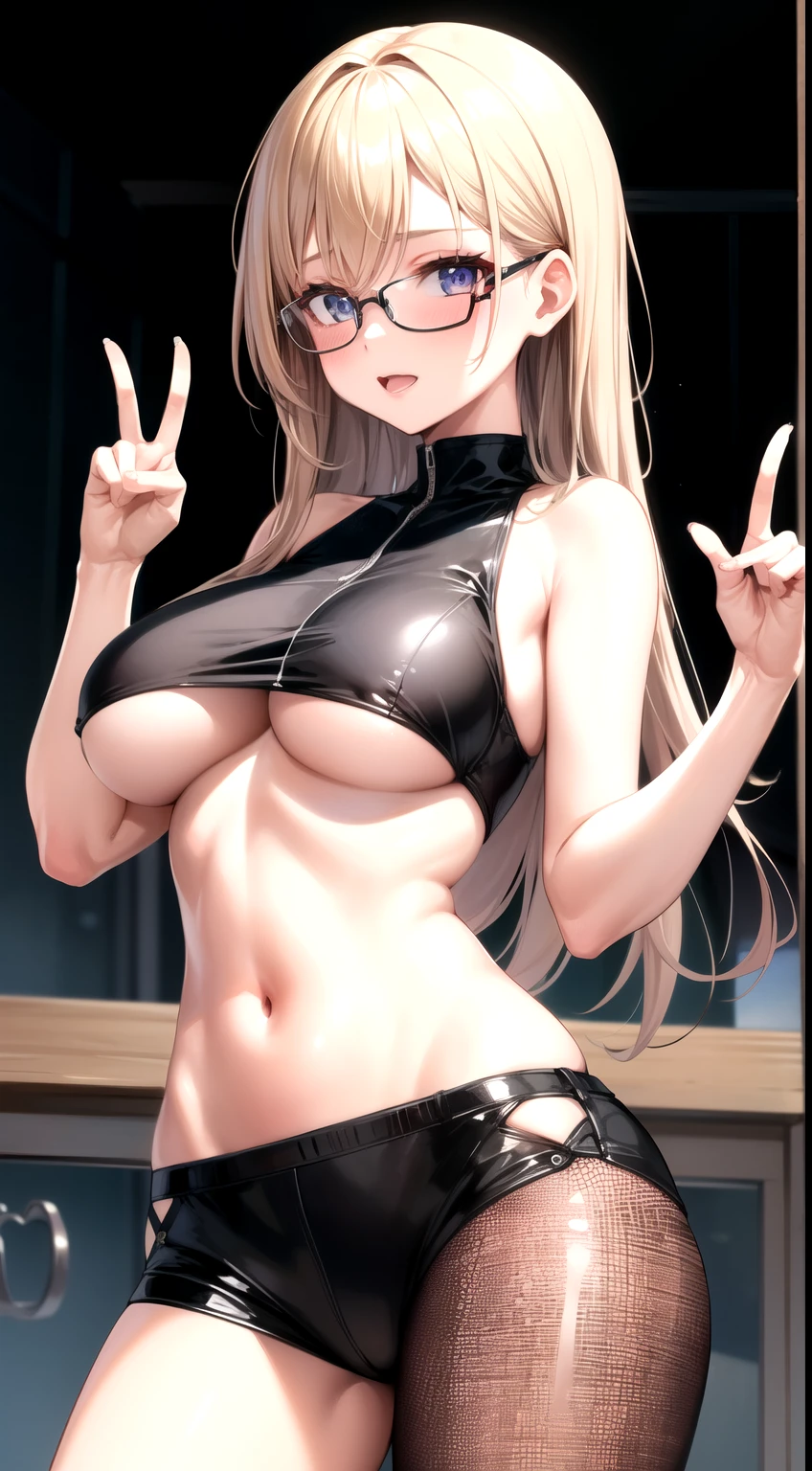 1girl.black,glasses,underboob,cowboy top,peace sign,sleeveless,cleaves