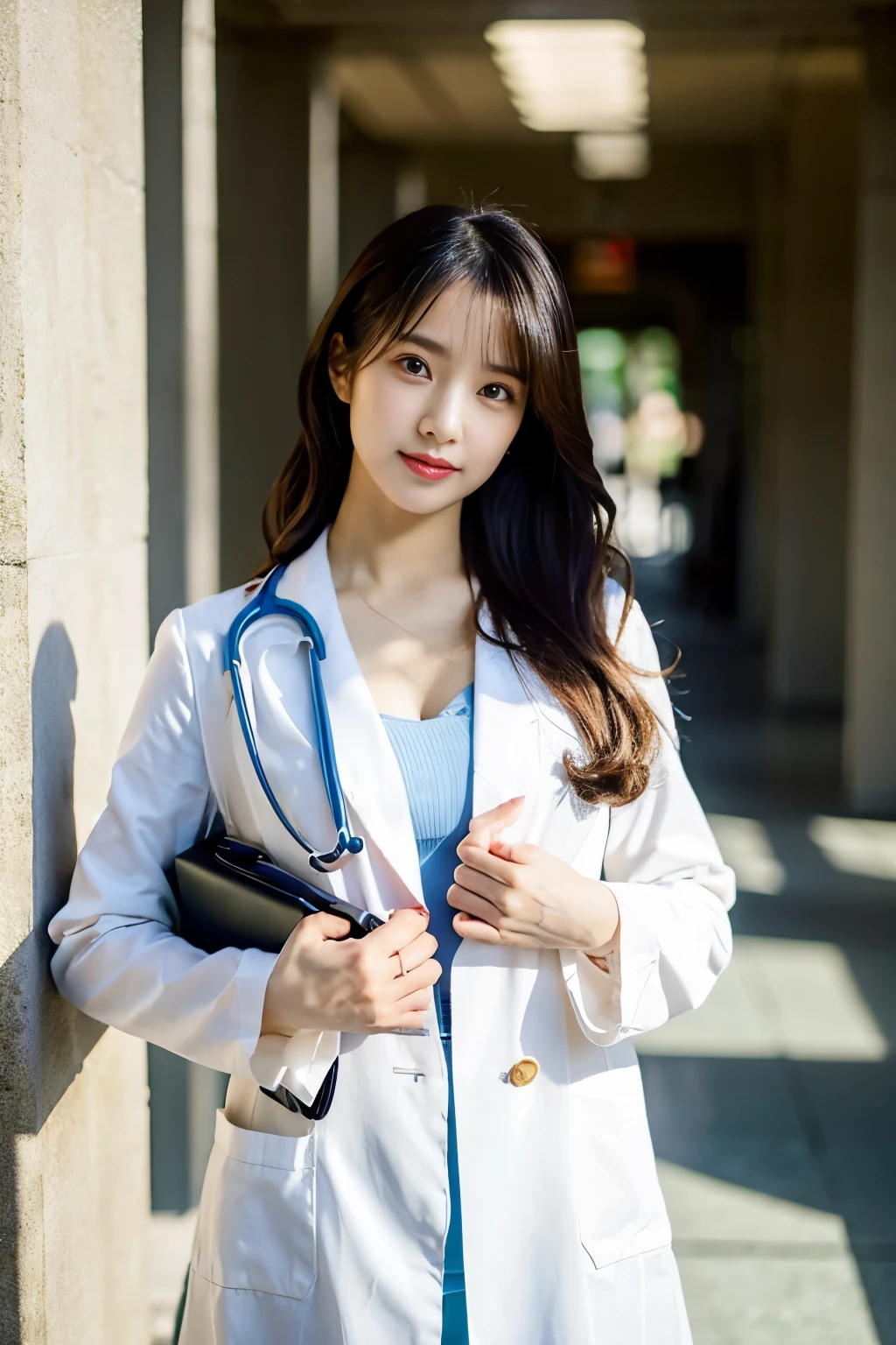 Photorealsiticな美しい医師、stunningly beautiful、doctors white coat, Doctor Fashion、(top-quality、8K、32K、masterpiece、nffsw:1.3)、超A high resolution,(Photorealsitic:1.4),Raw photography, Detailed face,,Beautiful long hair, ((Doctor Style)), , tight skirts、 Natural makeup, Breast cleavage, medium full breasted、inside hospital, Detailed background, Perfect Lighting, depth of fields, Beautiful shadow gradient,stethoscope , (((fullllbody))), Full body capture, fullllbody, Legs wide open, Open legs, Black pubic hair, look to the camera, Eye for detail, Beautiful eyes,