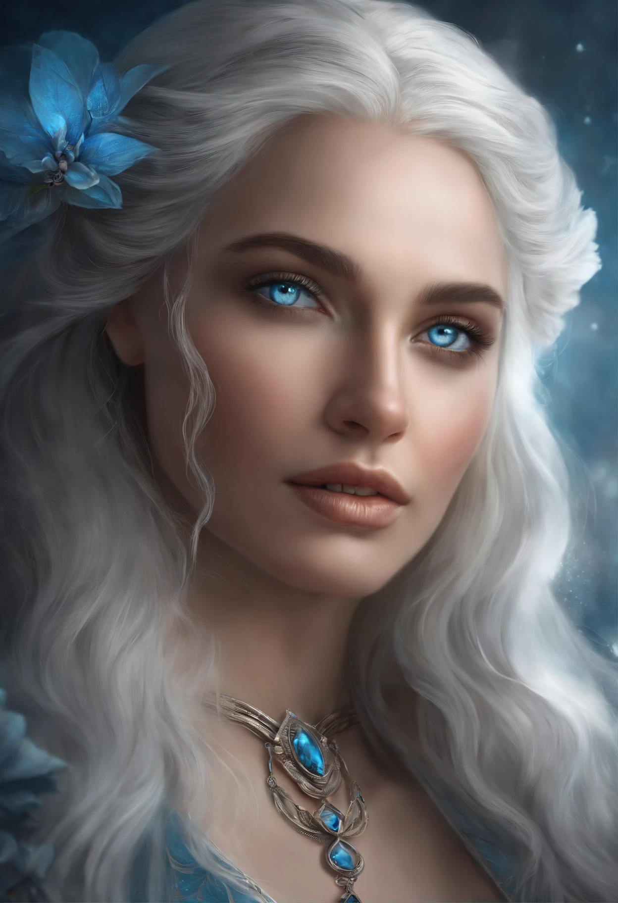 close-up of a woman with blue eyes and white hair, detailed matte fantasy portrait, fantasy art portrait, fantasy portrait art, beautiful fantasy art portrait, fantasy portrait, inspired by Magali Villeneuve, beautiful fantasy portrait, digital fantasy portrait, epic fantasy art portrait, realistic fantasy illustration, fantasy concept art portrait, graphic artist magali villeneuve