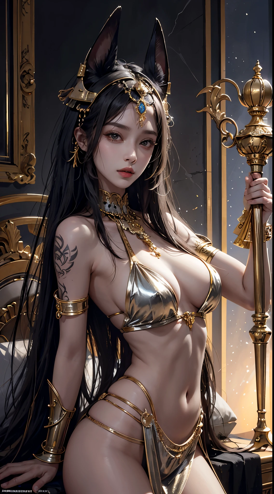 realisticlying, A high resolution, softlighting,a 1 woman, Alone, hip-up, shiny skins, (详细的脸), Woman wearing Anubis statue on her head, jewely, Tattooed with