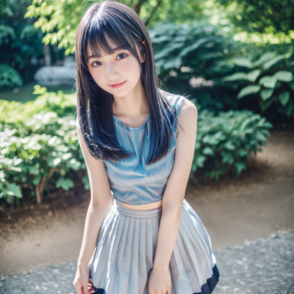 (Best Quality,4K,8K,hight resolution,masutepiece:1.2),Ultra-detailed,extremely detailed eye and face,Beautiful detailed eyes,Beautiful detailed lips,long eyelashes,((Realistic)),Photorealistic:1.37,japanes,fine-grained white skin,((Dark blue mini pleated skirt)),beautiful and magnificent composition,Marshmallow-like skin,masutepiece,Attractive,Posing for a photo,Cute,Dark blue high socks,((Silver hair color)),silky smooth and straight hair,(Tank tops),Outdoor on a sunny day,Healthy smile,(with round face),Hands on hips,Full-body standing figure,Attractive thighs,Sharp Focus,