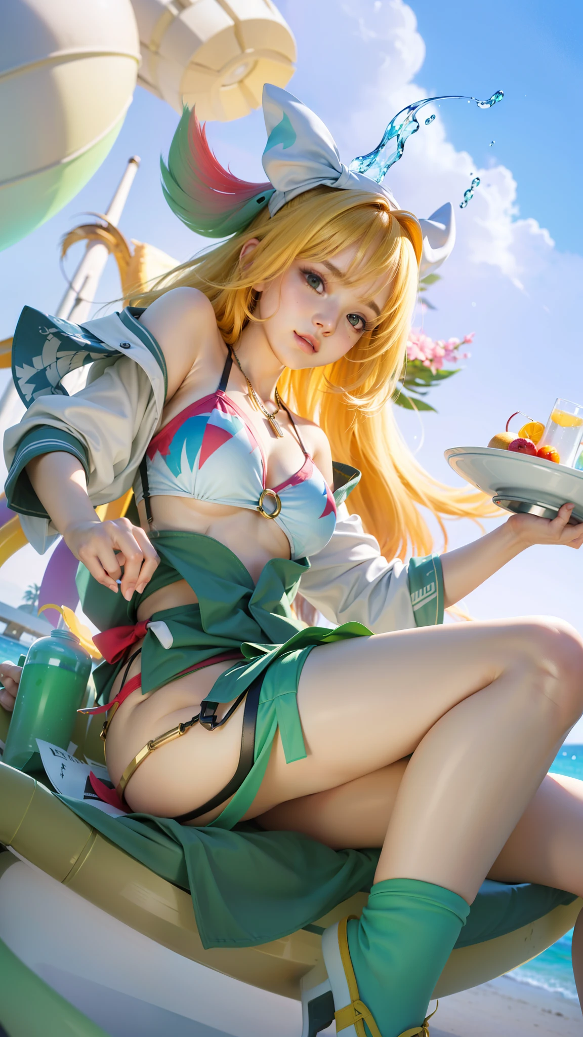 (max resolution: 1.2), (Ultra HDTV: 1.2), 8K resolution, Eye and skin details, detailed facial features, , (Sharp focus: 1.2), (Focus focuacial expressions: 1.2), Sitting girl, Cute, Long hair, Bikini, (Bikini), Looking towards viewer, Ocean water, Light, Sun,