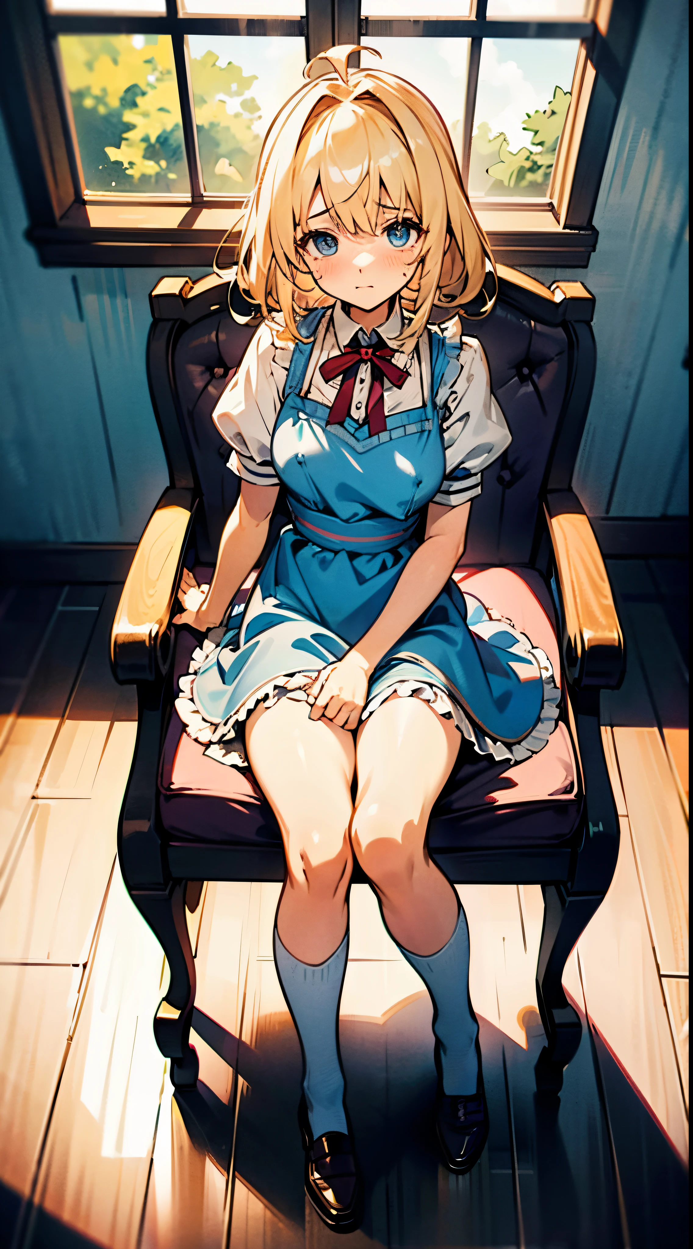 alice in the wonderland, Super cute girl, a blond, long, shame, your face looks like me'Because I feel like crying'I'm embarrassed because pee came out., light blue fluttering short dress, frilld付きの白いエプロンスカートを重ねて, frilld, B-cup breast, Light blue fluttering mini skirt, long white knee-high socks that go above the knee, and draw the full body, Sitting on a chair, Inside an old Western-style building, absurd worldview, A window that lets in bright sunlight, Her clothes are a little disarrayed and her breasts are exposed.., Draw nipples,Her skirt is a little disarrayed and her crotch is visible.., draw the genitals in the crotch, pee, When you pee, urine comes out from your crotch and flows down your thighs..