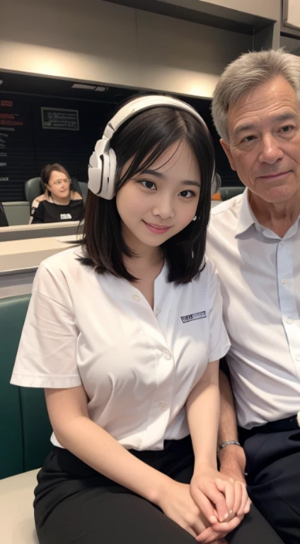 1 office lady and 1 old man sitting,close to each other, (his arm touching her breast:1.1),very cute face, bob hair, white colored shirt, headset,baseball stadium,perfect anatomy, masterpiece, best quality, perfect face