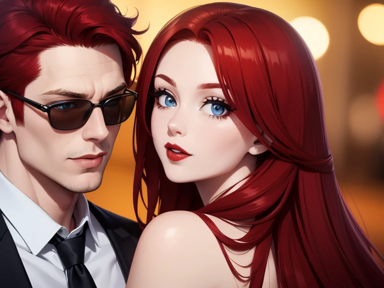 A man with red hair, blue eyes, wearing sunglasses, a shaved beard, and a black suit. Hug and kiss a woman with red hair, blue eyes, red lipstick, wearing a strapless top and a night background with stars in the sky. Make your face perfect The details are clear. Up to 8K resolution, masterpiece, advanced art, smile.