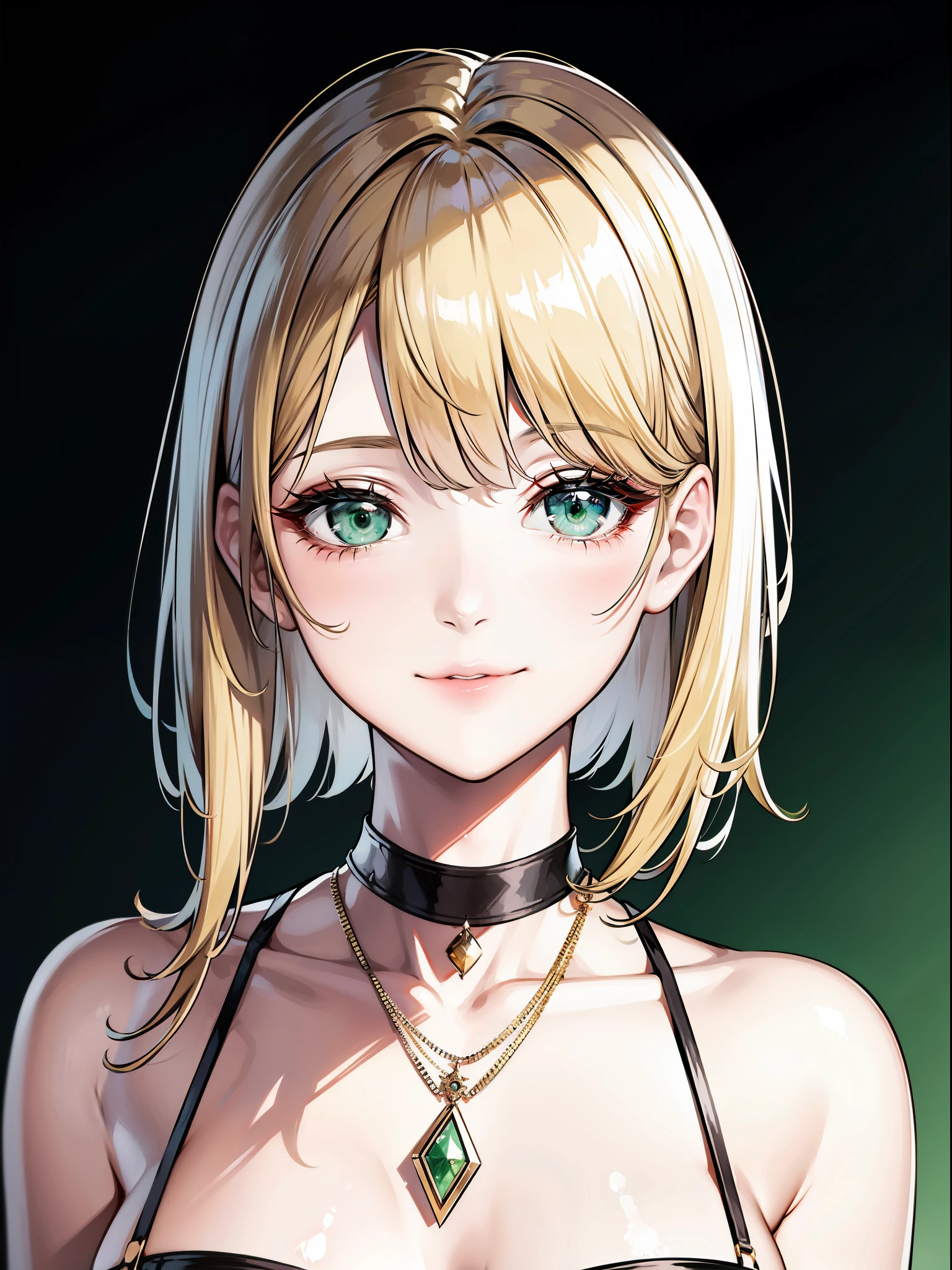 {8k image}, 1girl (solo), beautiful woman, 23 years old, short black hair with blonde highlights, blonde highlights in hair, green eyes, choker on the neck, necklace on the neck, smiling at the viewer, facing the camera, just face Photo, {face portrait}, {centered image}, blurred background scenery