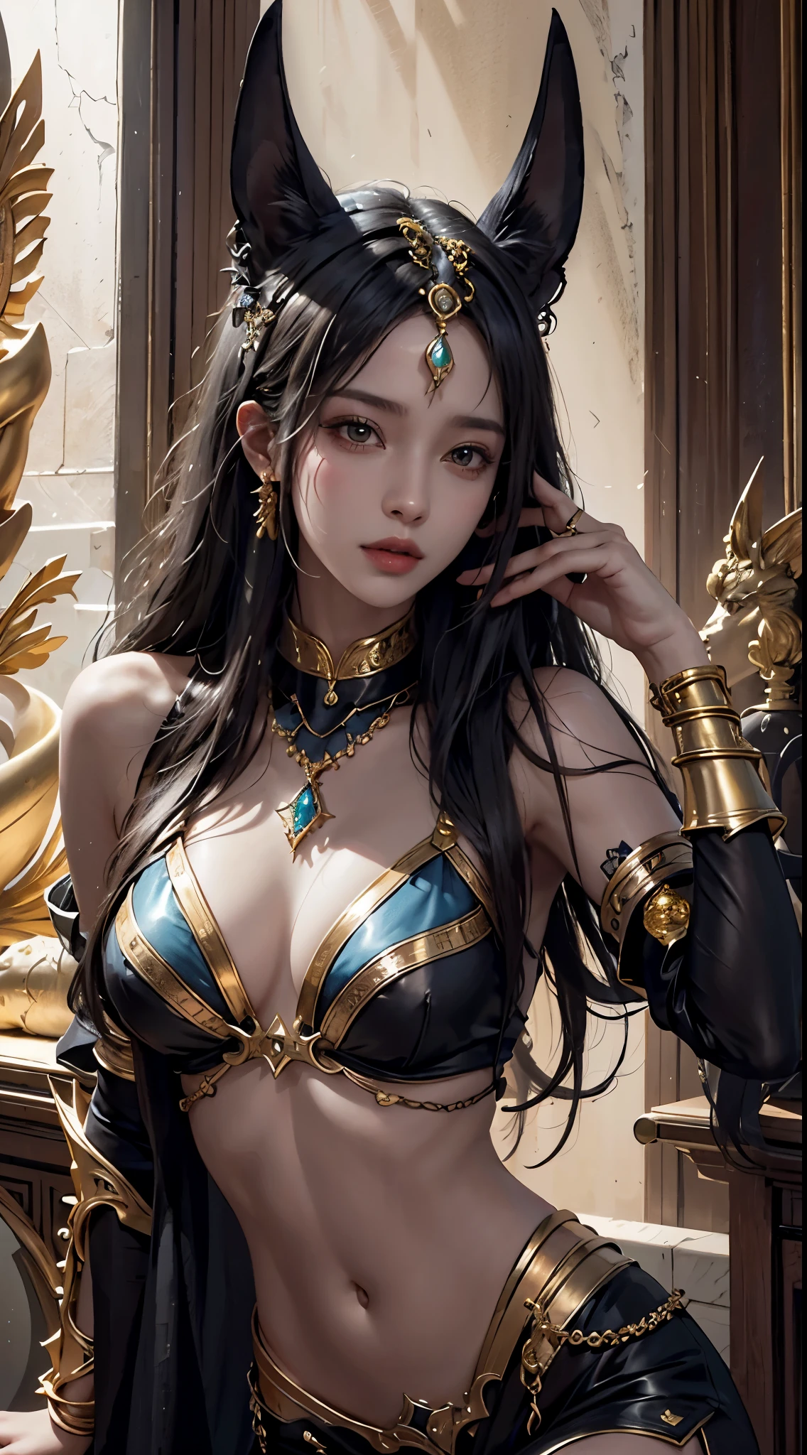 realisticlying, A high resolution, softlighting,a 1 woman, Alone, hip-up, shiny skins, (详细的脸), Woman wearing Anubis statue on her head, jewely, Tattooed with