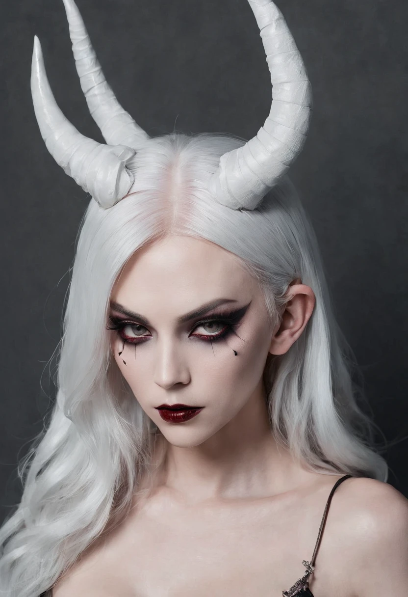 breathtaking demon woman with horns dressed in sexy lingerie posing for a photo in a dark minimal studio, darksynth aesthetic, minimal background, goth makeup, bizarre fashion photography, ultra detailed, masterpiece. ((white hair))