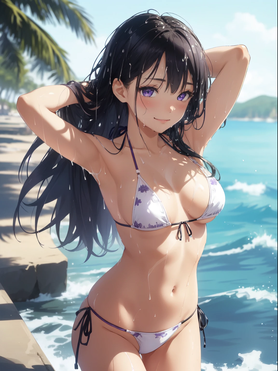 1girl, kawasaki saki, long hair, bangs,(violet eyes:1.3), black hair, (blush:1.2), seductive smile,
BREAK (string bikini:1.5), (white bikini:1.atternless bikini, small breasts, Naked, Exposed skin, (Wet skin:1.5), (arms behind head, armpits), standing,
BREAK  (Sea:1.5), Beach, (Solar:1.3),
BREAK looking at viewer, (from front:1.2),
BREAK (masterpiece:1.2), best quality, high resolution, unity 8k wallpaper, (illustration:0.8), (beautiful detailed eyes:1.6), extremely detailed face, perfect lighting, extremely detailed CG, (perfect hands, perfect anatomy),