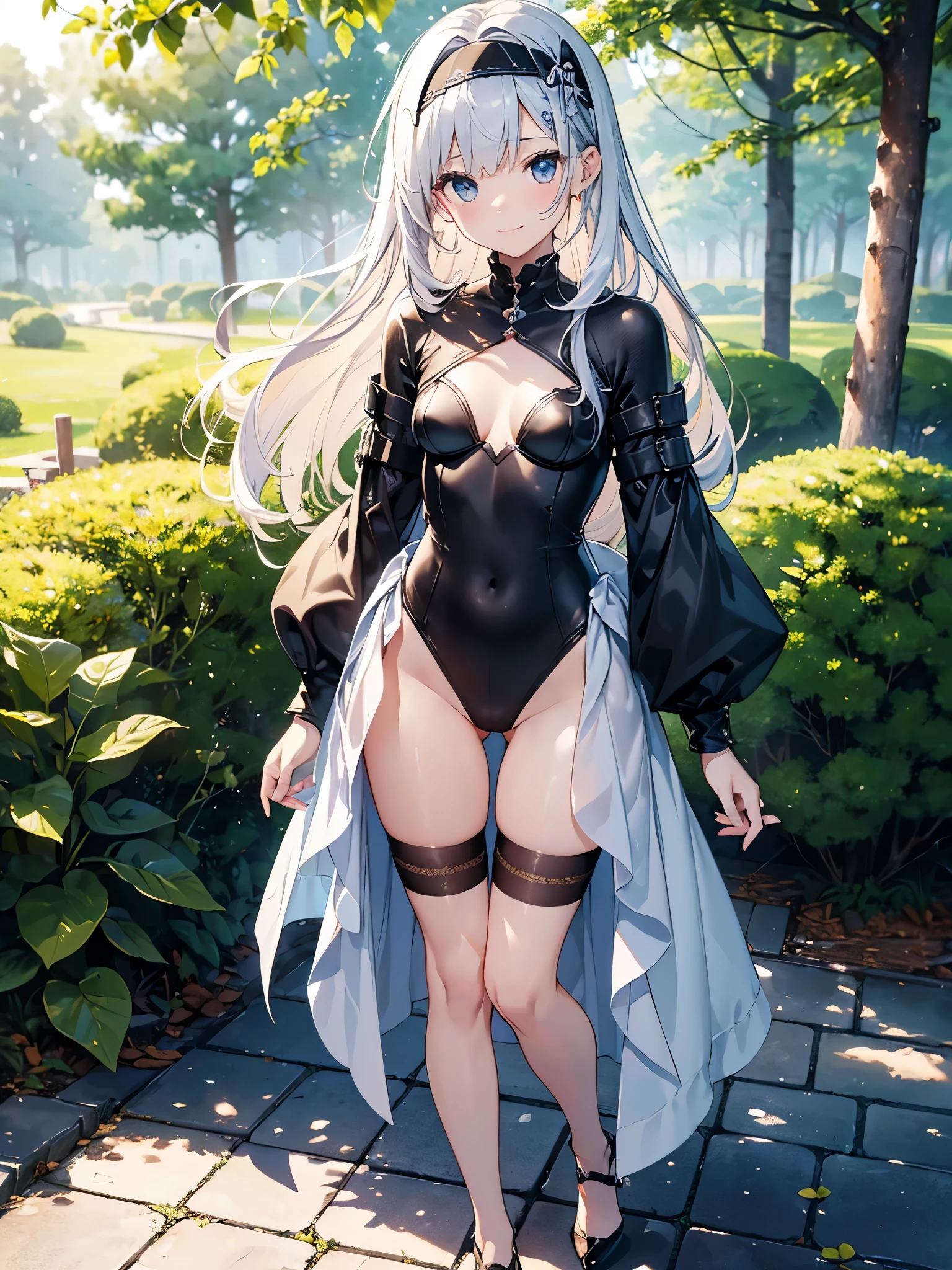 ((4k、8k、top-quality、perfect fingers: 1.3、perfect anatomia: 1.3、Background blur))、1人、((、small tits、Cute eyes、stright long hair、a beautiful slender girl))、 (armor、frilld、long-sleeve、knight leotard、Beautiful decorative headband)：1.1、((Full-body angle))、in a quiet forest、Shy laughter、
