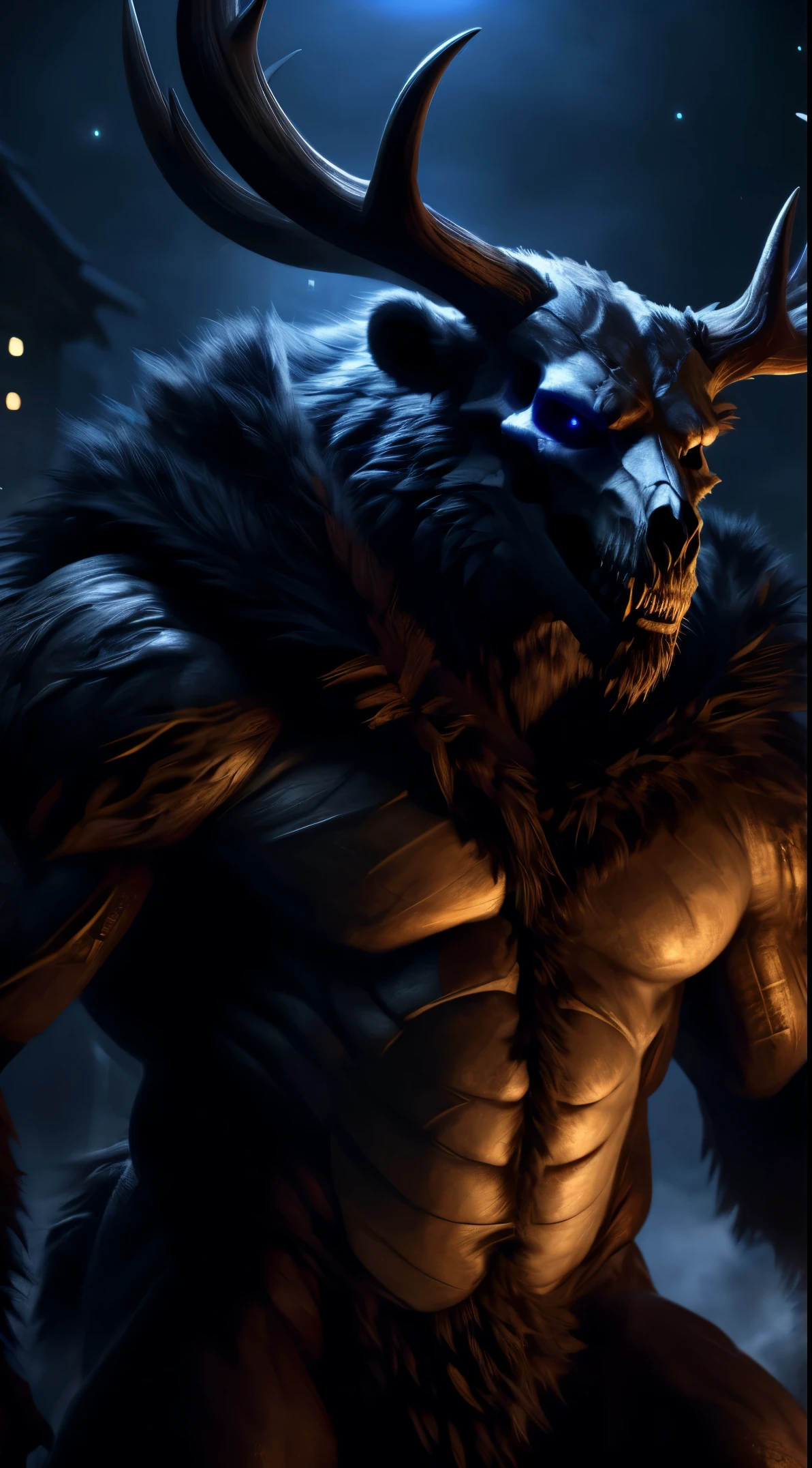 buff monster, muscular, abs, furry body, majestic fur mantle, wendigo skull, elk horns, muscular, giant, bear body, threatening, stands menacingly, wide body, muscular body, illustration, (best quality, 4k, highres, masterpiece:1.2), ultra-detailed, realistic, horror, sharp focus, vivid colors, nighttime lighting,