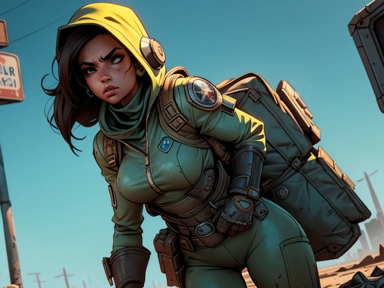 um personagem do jogo fallout 3, caminhando sozinho por uma cidade em ruinas, jogo fallout 3, ((uma personagem feminina usando Armored Vault jumpsuit azul com detalhes em cinza, universo de fallout 3, mochila nas costas)), Natural Dynamic Pose, cidade em ruinas, melhor qualidade, ultra detalhada, bem desenhado, anatomia perfeita, proporcional, character within the golden ratio of the scene