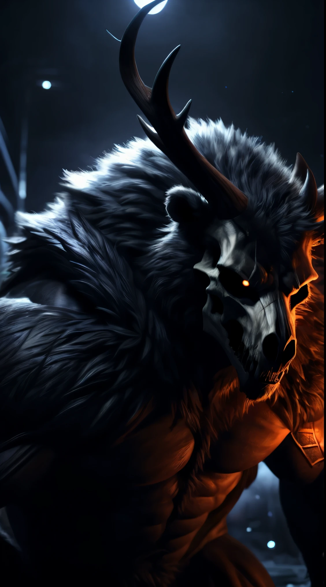 buff monster, muscular, furry body, majestic fur mantle, wendigo skull, elk horns, giant, bear body, threatening, stands menacingly, wide body, illustration, (best quality, 4k, highres, masterpiece:1.2), ultra-detailed, realistic, horror, sharp focus, vivid colors, nighttime lighting,