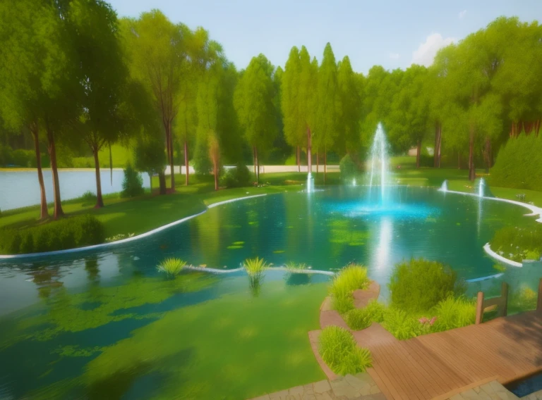 There is a painting of a pond,There is a fountain inside, realistic garden, pond landscape, Park background, Detailed lake in background, sunny Park background, pond scene, realistic water, Inspired by Henri Biwa, Summer lake view, 3D virtual landscape painting, garden pond scene, photoRealistic landscape, beautiful landscape rendering, Realistic landscape, Mysterious forest lagoon