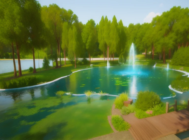 There is a painting of a pond，There is a fountain inside, realistic garden, pond landscape, Park background, Detailed lake in background, sunny Park background, pond scene, realistic water, Inspired by Henri Biwa, Summer lake view, 3D virtual landscape painting, garden pond scene, photoRealistic landscape, beautiful landscape rendering, Realistic landscape, Mysterious forest lagoon