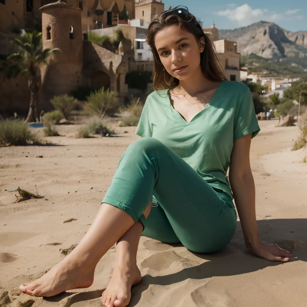 Girl, 19 Jahre alt, Spanien, ist in einem Dessert, bare feet, 8K, ultrarealistisch, beautiful landscape, 8K, short green shirt, long hippie pants