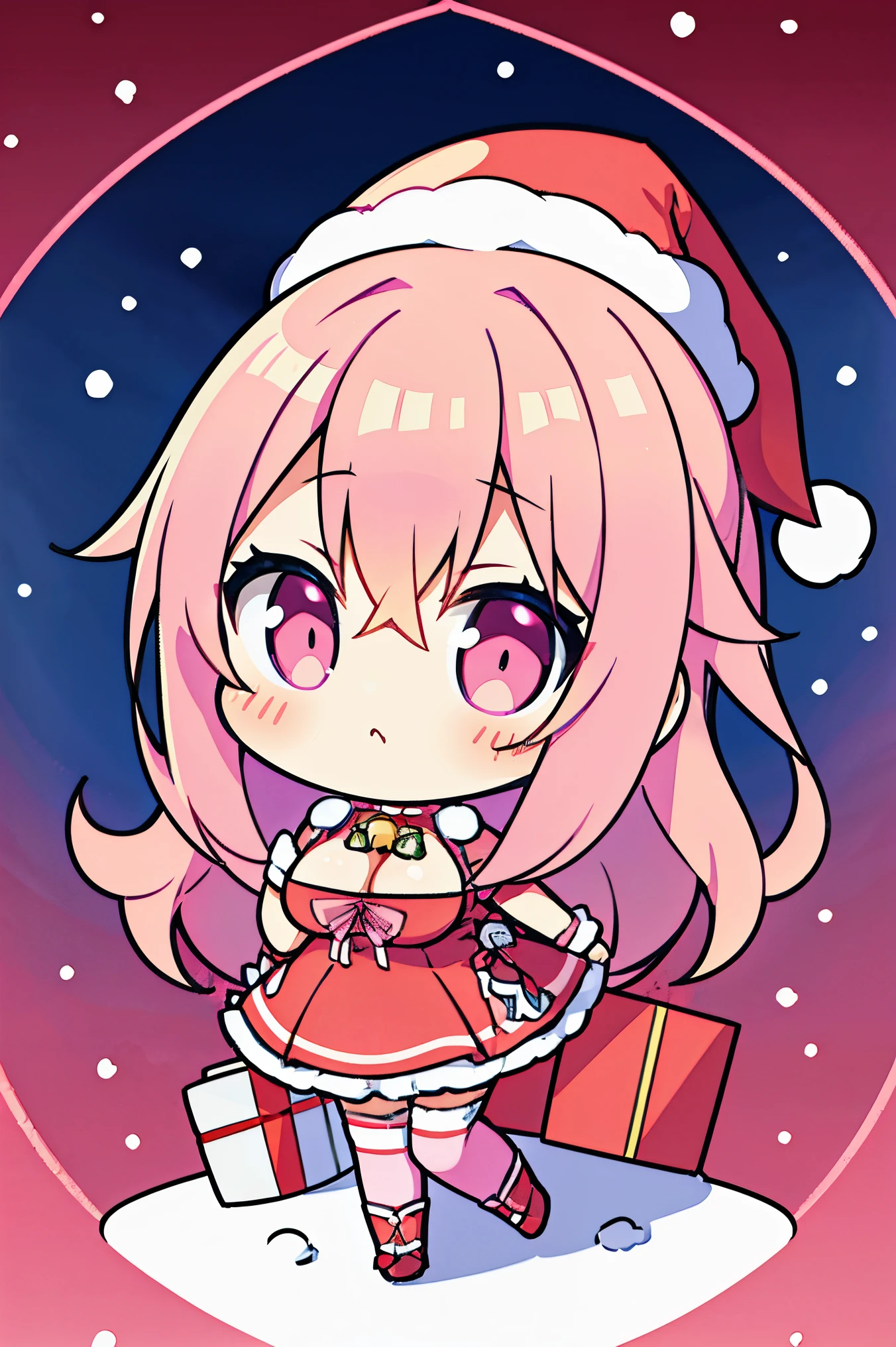 "anime girl, 1 person, pink hair, pink cat ears, pink eyes, santa hat, santa shirt, red dress, stockings, big breasts, solo, standing cross-legged, falling snow, Christmas gift box, chibi,full body(full HD 4K+ image)" front view