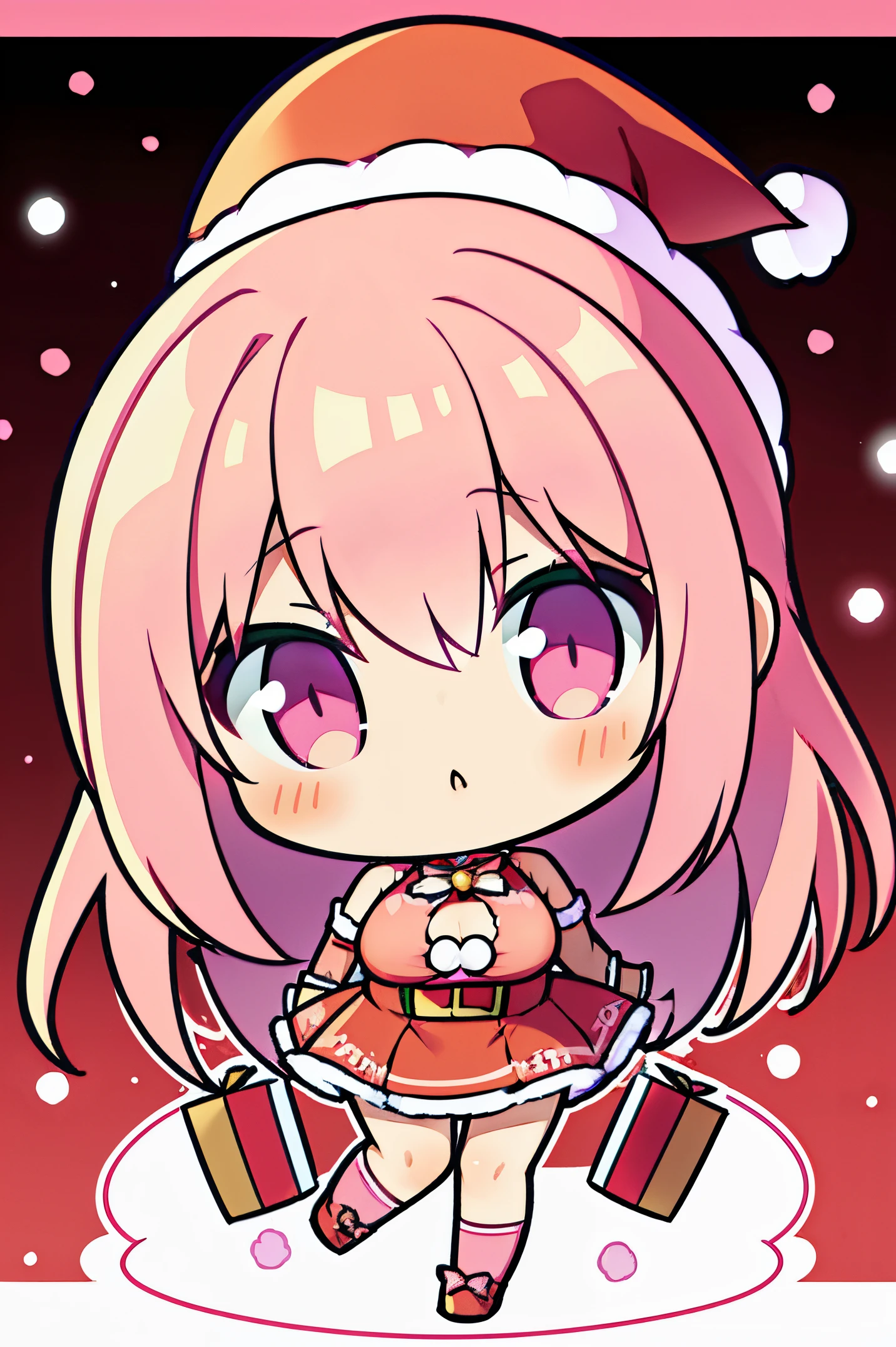"anime girl, 1 person, pink hair, pink cat ears, pink eyes, santa hat, santa shirt, red dress, stockings, big breasts, solo, standing cross-legged, falling snow, Christmas gift box, chibi,full body(full HD 4K+ image)" front view