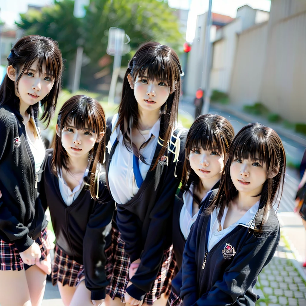 Raw photo、(((multiple girls))),((((6+girls)))),((((100girls)))),(((1000girls)))、((((100 Girls))))、Women only、The same face、matching school uniform、12 years old、Long black hair、100 cute girls going to school、a smile、Commuting to school、School route、In the street、selfee、same person、(((Large group)))、a junior high school student