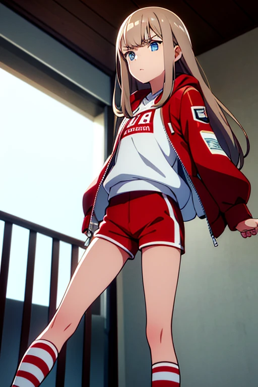 1girl, blue eyes, light brown hair, 14 years old, skinny, long hair, white t-shirt, red bomber jacket, hood bomber, long bomber arms, red shorts, white stripes on shorts, open jacket, white socks, red sneakers