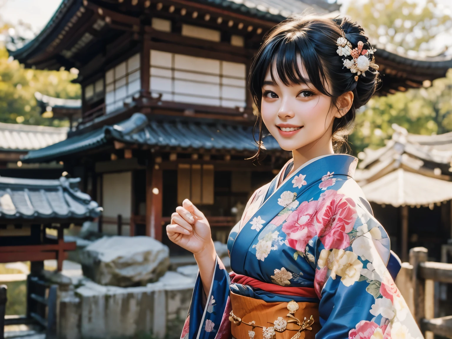 Beautiful woman wearing Japanese kimono, looking at the camera and smiling. Twenty years old. Black hair. The place is a shrine.