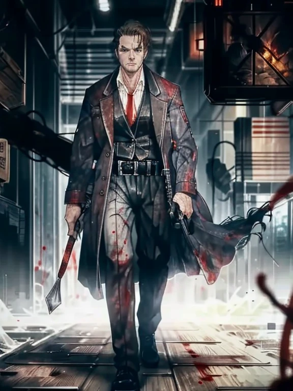 middle aged man，red color eyes，Chevoglis Court，Crimson trench coat，black sweatpants，Unilateral glasserenzied，Machete in hand，There is blood on the body