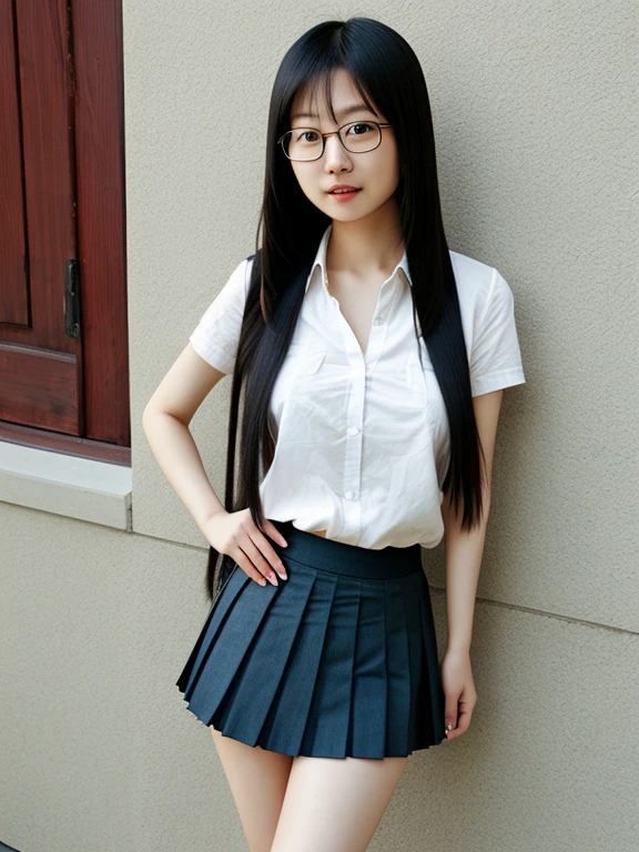 asian, glasses, small breasts, no bra, smile, sexy panties, pleated skirt, raising skirt, long straight hair