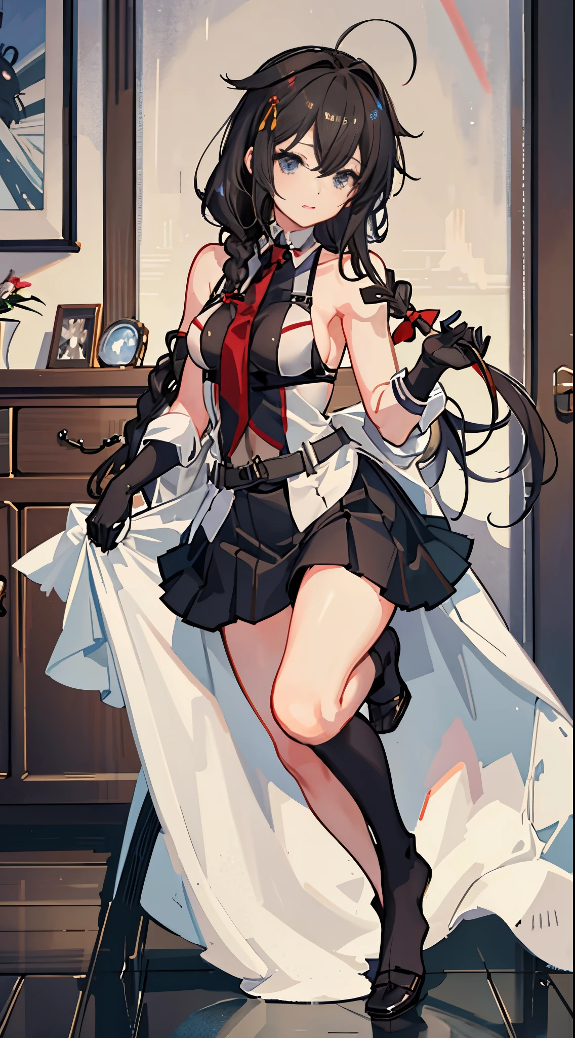 Shigure Kai 3 KanColle Sleeveless Black Thimble Gloves Black Skirt Braid 8K High Resolution Very Fine Eyes Very Fine Face、Insanely detailed body、Extremely fine skin, very elaborate hair ornament, Precisely shaped body and hands 1 person Living room in a private house