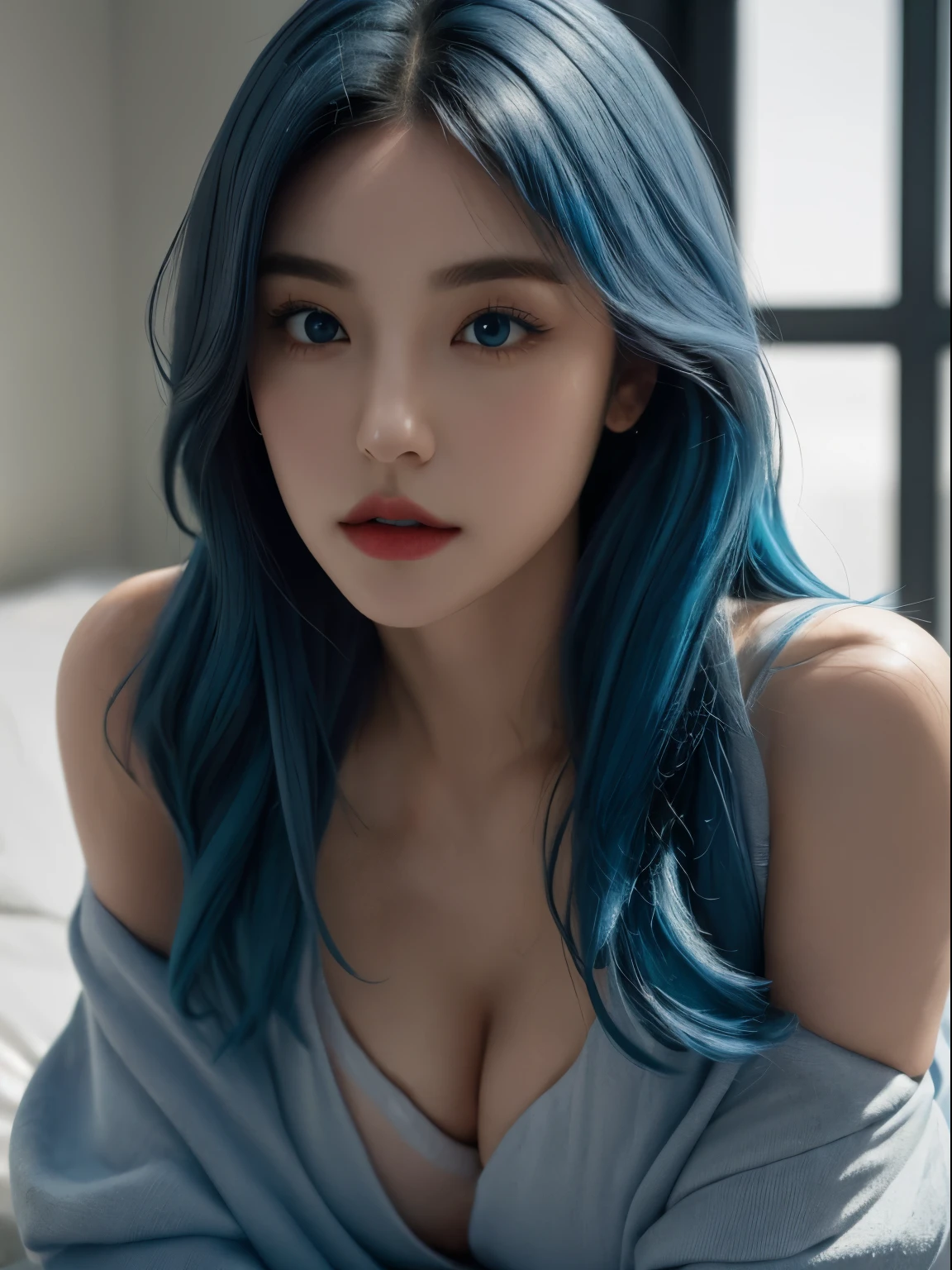 girl, NFT art((Mouth mark)), (hyper realisitc, absurd res:1.2) (8K, RAW photogr, Best quality at best, tmasterpiece:1.2), bright, pop inspo、mirai、The hair is gray、eBlue eyes、Postage stamps、Chiknuku、imbalance、mistic、NFT synopsis art、ghoul、pretty eyes, 詳細な目, smooth soft skin, s the perfect face, smooth soft skin, [Natasha Liu Bordizzo|lucy hale|Sasha Kahler|Chloe Bennett], fearless and beautiful, plumw, thicc, (fit body), gracefulness, strong, exquisite and beautiful face, Delicate and beautiful heterochromatic eyee dynamic and bold), class, Sensible, and short-lived, Blue hair, (freckle:0.6))], iintricate, (fanciful:1),  epic, gallant, outstanding, Artistic color palette, colorgrading, Sideslit, The is very detailed, insanely details,