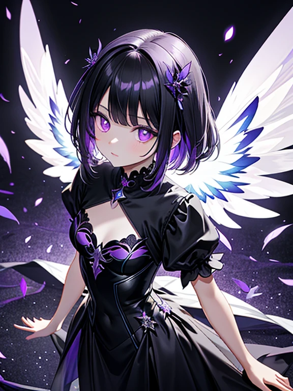 ((masterpiece、top-quality:1.5、a high chroma:1.5、ultra-detailliert、high-resolution illustrations:1.5、Ultra-high-definition CG、8k size wallpaper、offcial art))、,(highly colorful:1.5),(from above:1.5),(1 fallen angel girl),(Cute little girl:1.5)、(Shining purple eyes:1.5),(Beautiful face:1.5,Beautiful eyes:1.5)、(close to viewer:1.5),
(clearface:1.3)、(sexy body),(ultra-thin sexy dress:1.5), (Beautiful ultra-thin sexy dress every detail),(a dark halo shines:1.5),(medium breasts:1.5),、(cowboy shot:1.5)、(glowing eyes:1.5),(Glowing two-tone black and purple fallen angel wings:1.5),( Fluttering two-tone black and purple feathers:1.3),colourfull、
