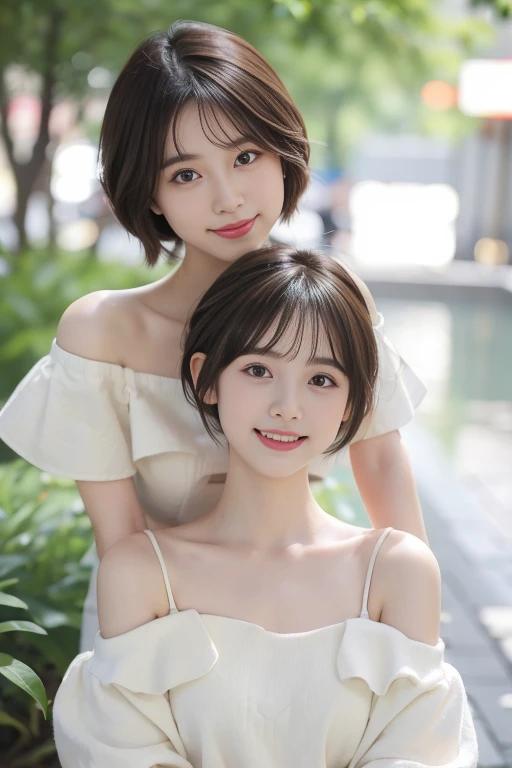 (1 Korean star with royal sister style), ((highest quality, 8K, masterpiece: 1.3)), (slender body: 1.3), concentrated: 1.2, perfect body beauty: 1.4 , (smile), (street: 1.3), Highly detailed face and skin texture, fine eyes, double eyelid, whitened skin, (short hair, air bangs: 1.3), (round face: 1.5), (floral dress: 1.4),(identical twins:1.4),(same face same figure)Two girls whose faces, figures, and standing positions are perfectly copied like the virtual image reflected in the mirror and the real image.,To her rightside there is a mirror in which she sees herself., all girls are exactly the same face
