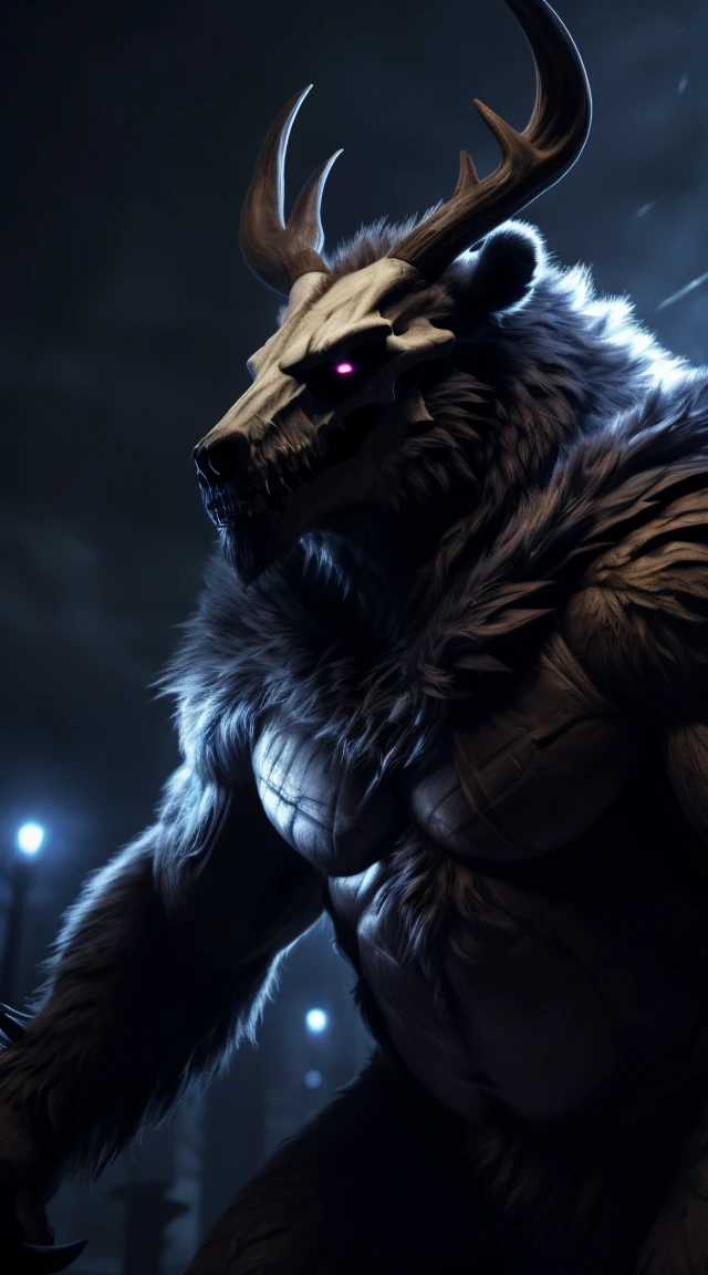 monster, fur on body, scales on belly, majestic fur mantle, wendigo skull, elk horns, giant, bear body, threatening, stands menacingly, wide body, illustration, (best quality, 4k, highres, masterpiece:1.2), ultra-detailed, realistic, horror, sharp focus, vivid colors, nighttime lighting,