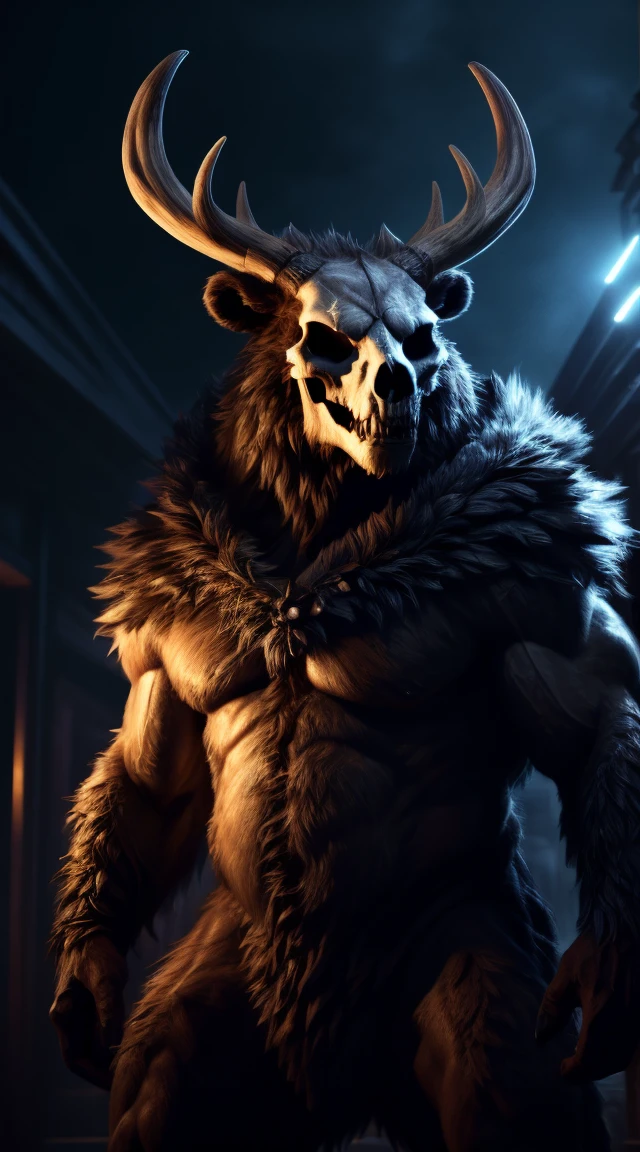monster, fur on body, scales on belly, majestic fur mantle, wendigo skull, elk horns, giant, bear body, threatening, stands menacingly, wide body, illustration, (best quality, 4k, highres, masterpiece:1.2), ultra-detailed, realistic, horror, sharp focus, vivid colors, nighttime lighting,