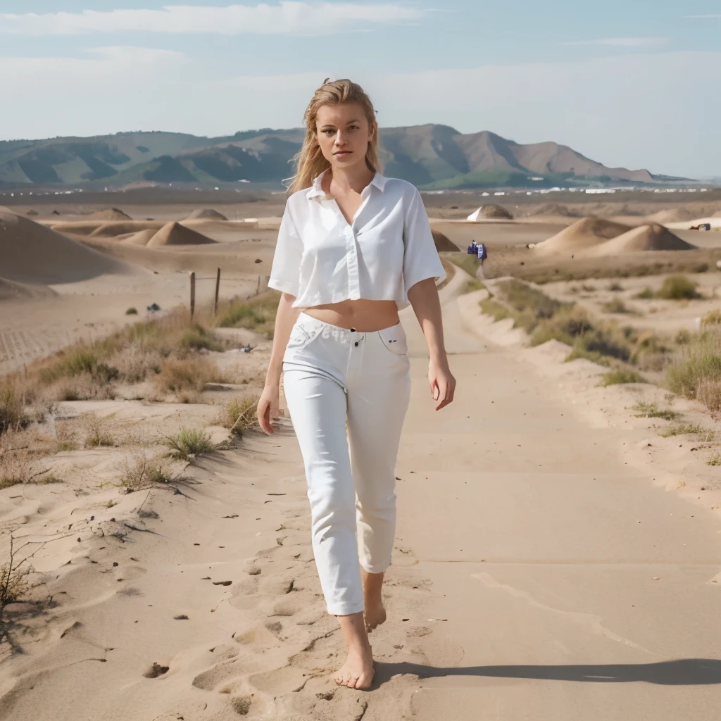 Girl, 19 Jahre alt, danish, ist in einem Dessert, bare feet, 8K, ultrarealistisch, beautiful landscape, 8K, cropped white Shirt,long colorful pants, sandy, hot weather, Sie schwitzt, walking