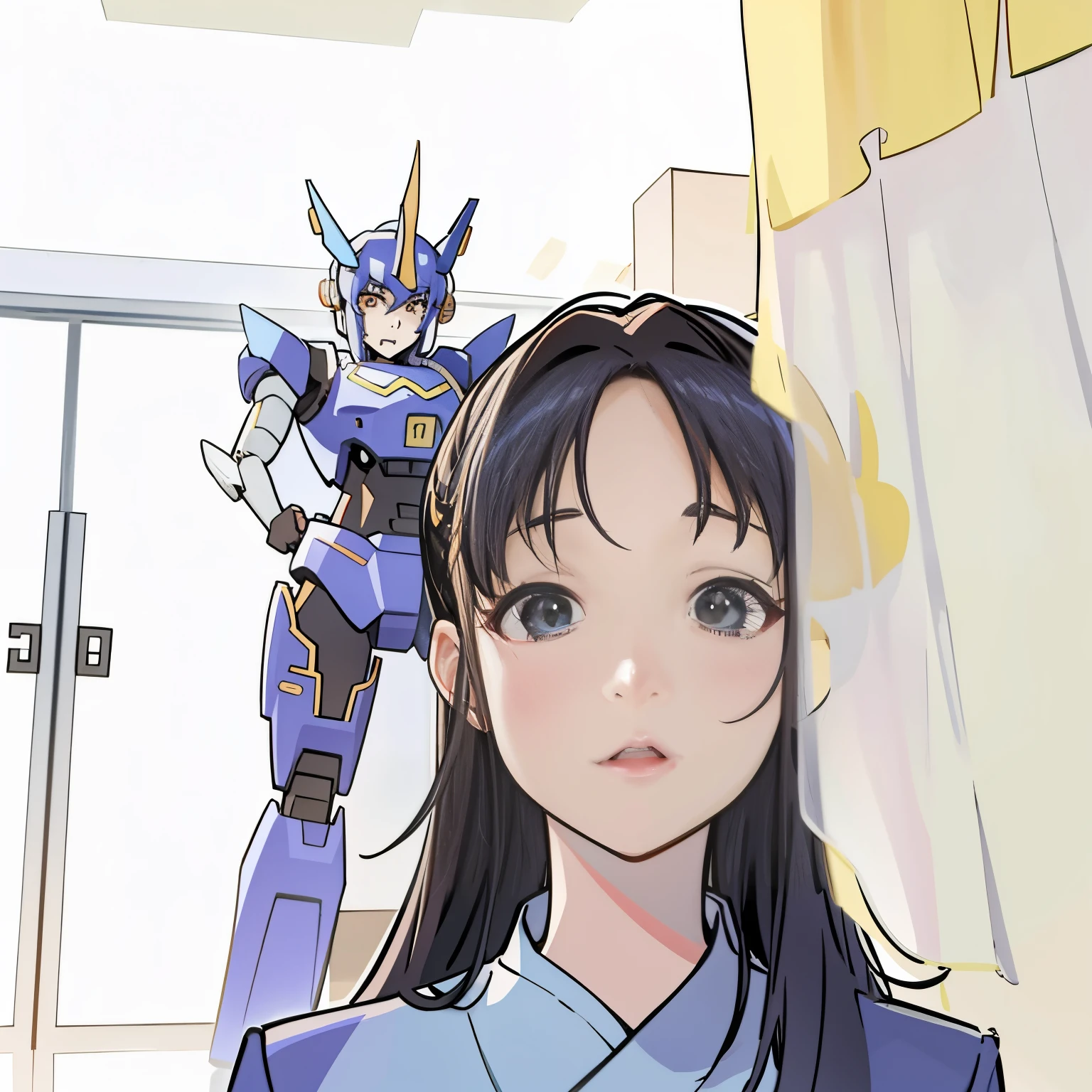 There is a woman standing in front of the robot, xintong chen, wenfei ye, wenjun lin, qifeng lin, chengyou liu, 8K photos, Xision Wu, from Transformers, wei wang, qichao wang, pengzhen zhang, li zixin, xiaolong wang, jinyiwei