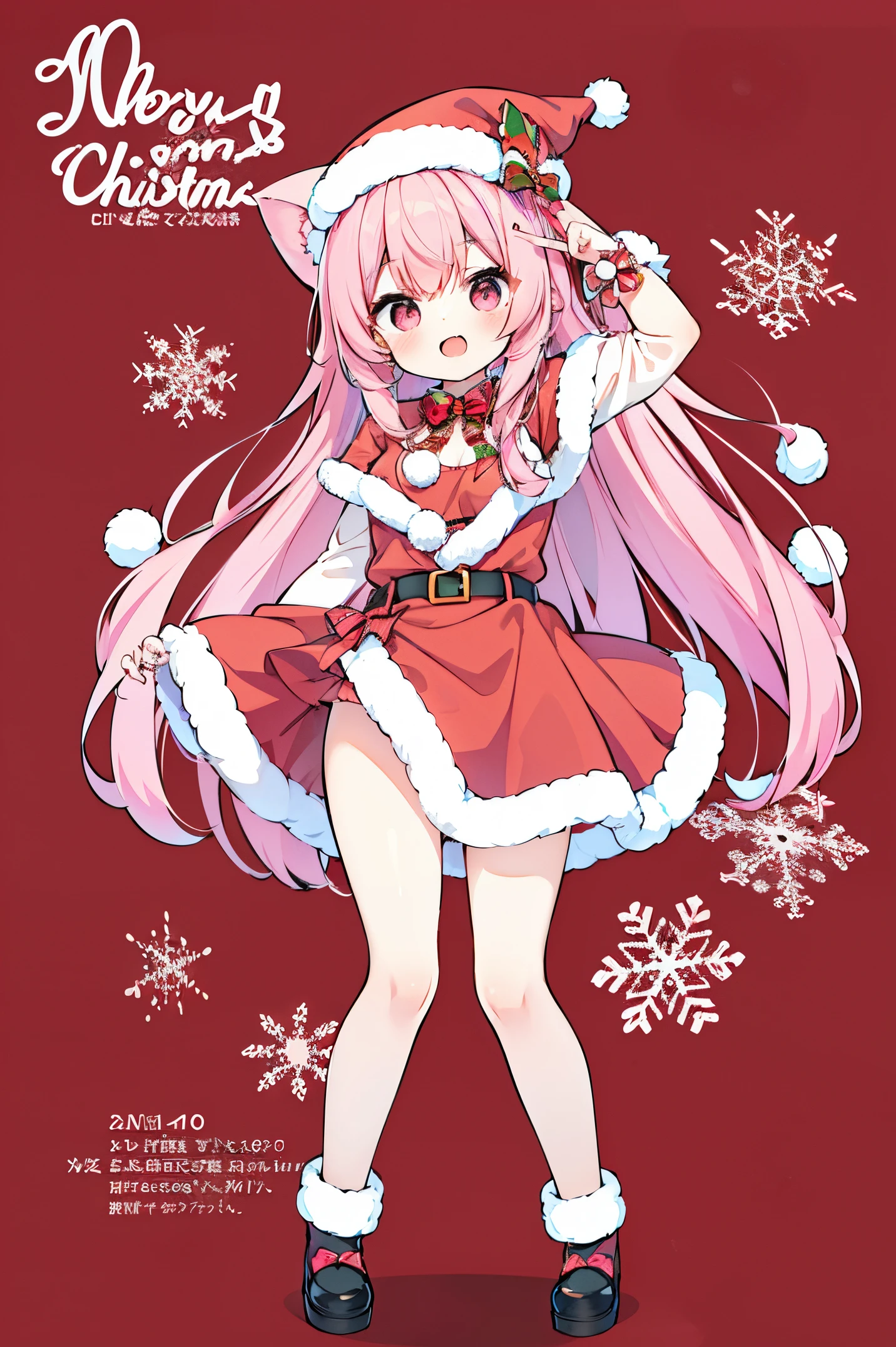 "anime girl, 1 person, pink hair, pink cat ears, pink eyes, santa hat, santa shirt, red dress, stockings, big breasts, solo, standing cross-legged, falling snow, Christmas gift box, chibi,full body(full HD 4K+ image)" front view