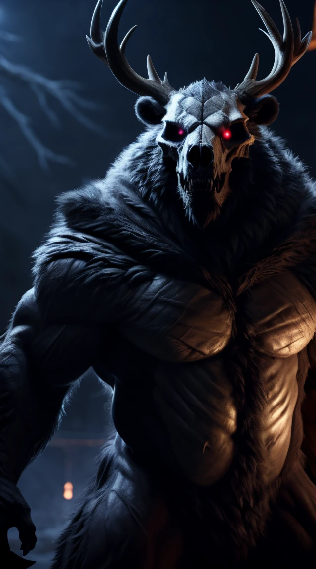 monster, fur on body, scales on belly, majestic fur mantle, wendigo skull, elk horns, giant, bear body, threatening, stands menacingly, wide body, illustration, (best quality, 4k, highres, masterpiece:1.2), ultra-detailed, realistic, horror, sharp focus, vivid colors, nighttime lighting,