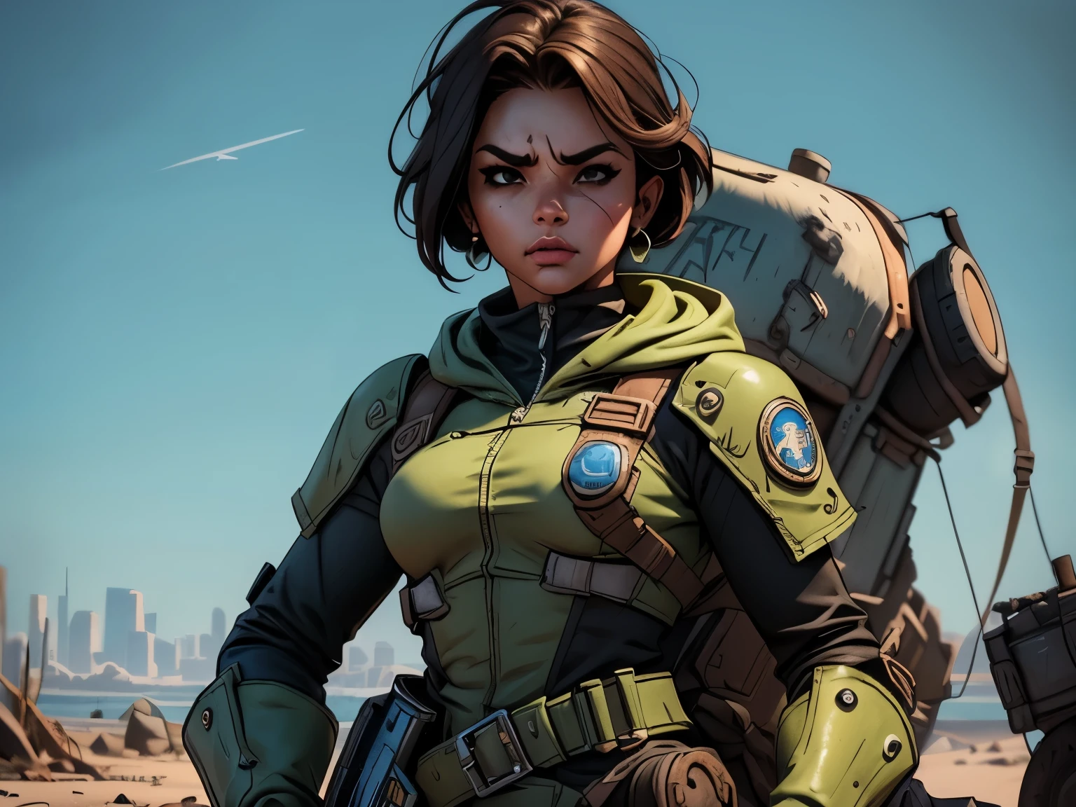 um personagem do jogo fallout 3, caminhando sozinho por uma cidade em ruinas, jogo fallout 3, ((uma personagem feminina usando Armored Vault jumpsuit azul com detalhes em cinza, universo de fallout 3, mochila nas costas)), Natural Dynamic Pose, cidade em ruinas, melhor qualidade, ultra detalhada, bem desenhado, anatomia perfeita, proporcional, character within the golden ratio of the scene