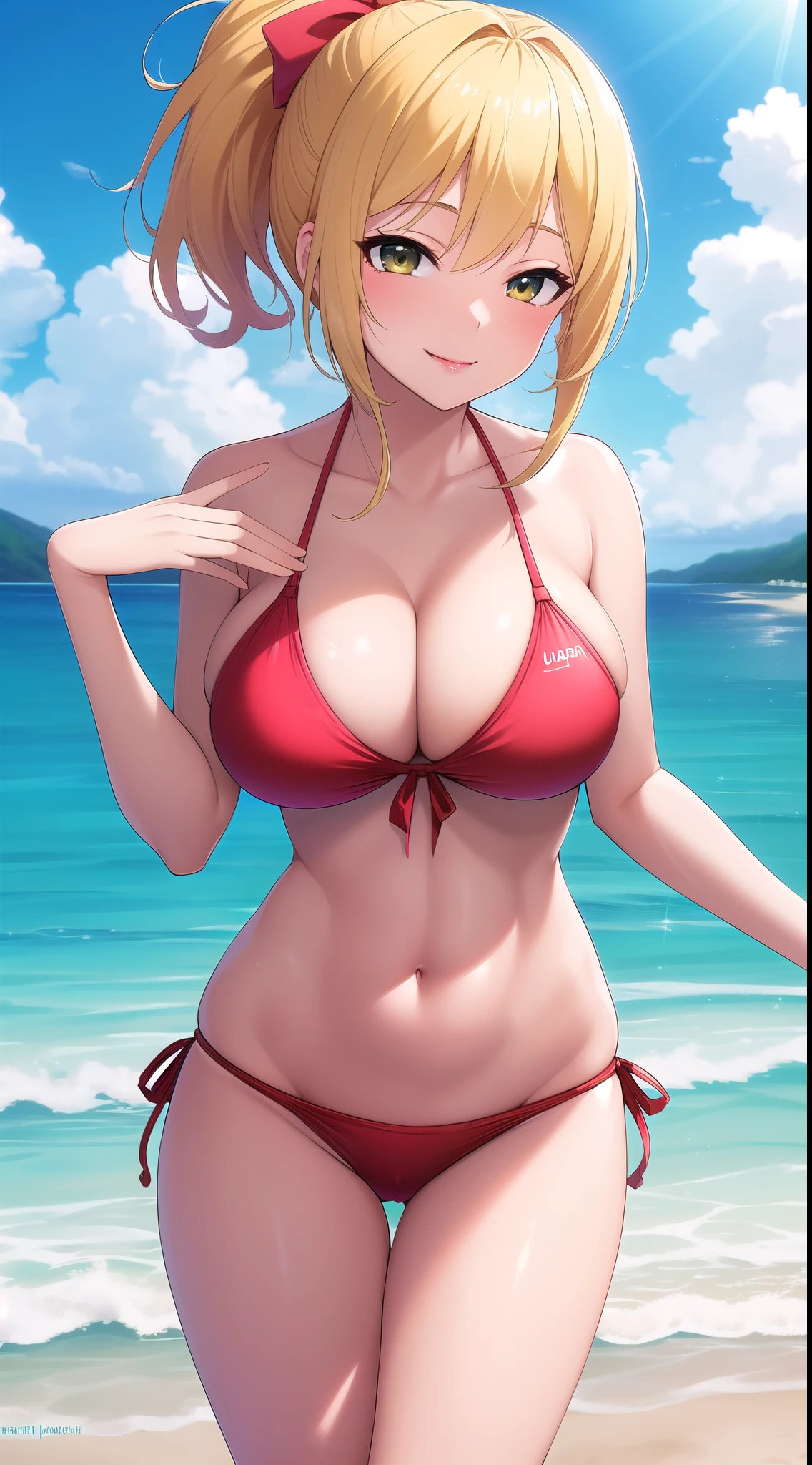 (best quality:1.5, highres, UHD, 4K, detailed lighting, shaders, perfect hand anatomy), blonde ponytail, beautiful, hot, gorgeous, sexy, erotic, lewd, seductive, ecchi, busty, thighs, crotch, bikini, smiling, beach background, cheerful, close shot, pov